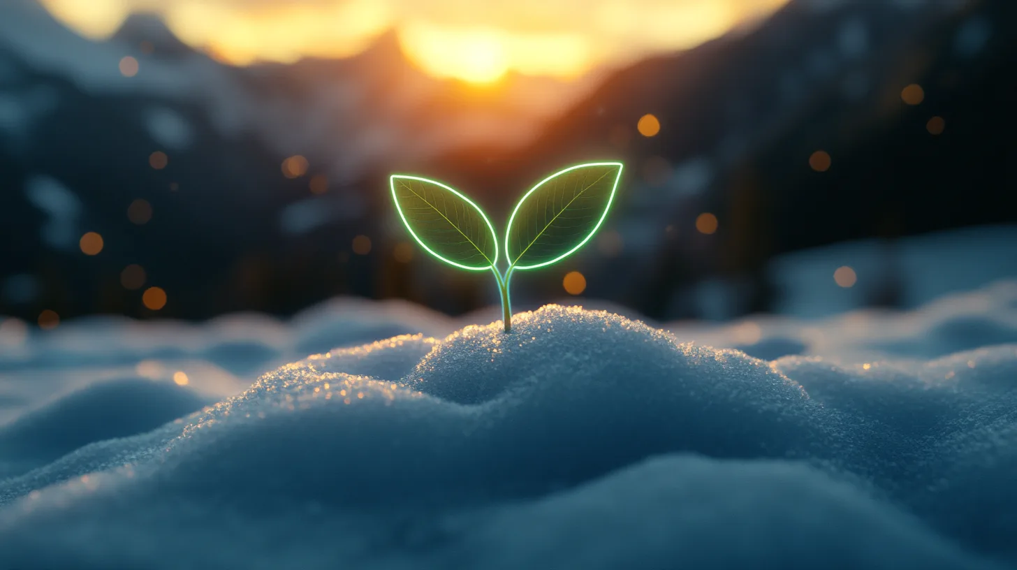 Jeune plante au contour néon vert émergeant de la neige alpine, lumière dorée